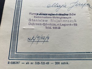 [Automotive] CERTIFICATE OF COMPLETION OF COURSE FOR CAR AND MOTORCYCLE MECHANIC. Course by Stanislaw MAJCHERCZYK. Dąbrowa Górnicza [1950].