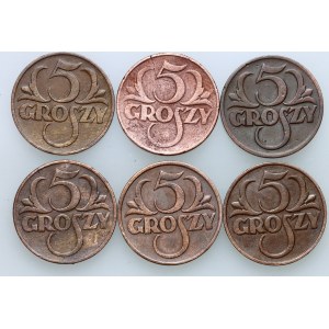II RP, zestaw monet 5 groszy z lat 1923-1935, (6 sztuk)