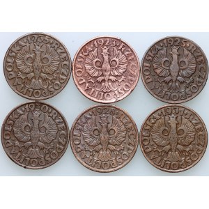 II RP, zestaw monet 5 groszy z lat 1923-1935, (6 sztuk)