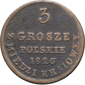 Królestwo Kongresowe, Mikołaj I, 3 grosze z miedzi krajowej 1826 IB, Warszawa