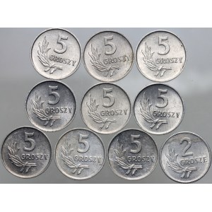 PRL, zestaw monet 5 groszy z lat 1949-1972 (9 sztuk) i 2 grosze 1949