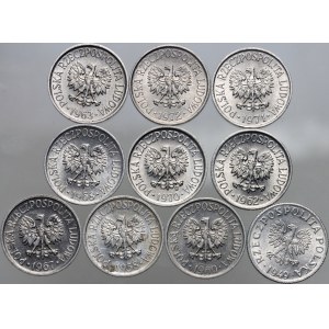 PRL, zestaw monet 5 groszy z lat 1949-1972 (9 sztuk) i 2 grosze 1949