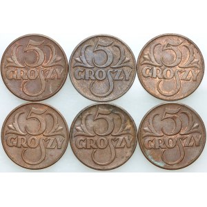 II RP, zestaw monet 5 groszy z lat 1938-1939, (6 sztuk)