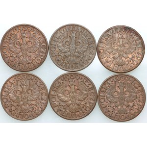 II RP, zestaw monet 5 groszy z lat 1938-1939, (6 sztuk)