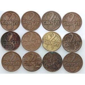 II RP, zestaw monet 2 grosze z lat 1923-1939, (12 sztuk)