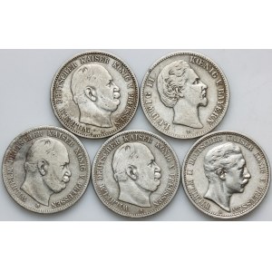 Germany, Prussia / Bavaria, set of 2 Mark coins from 1876-1904, (5 pieces)