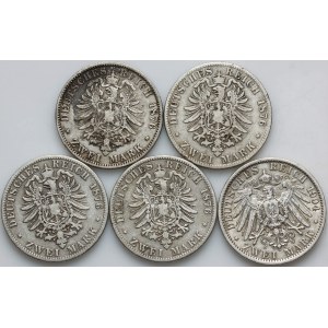 Germany, Prussia / Bavaria, set of 2 Mark coins from 1876-1904, (5 pieces)