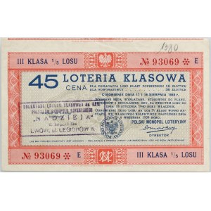 II RP, Lwów, Loteria Klasowa - 45. edycja, 1/5 losu III klasy na ciągnienie 17 i 18.08.1939, seria E