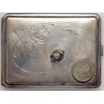 Silver cigarette case with 2 zloty coin 1932 and badge of the Association of traveling salesmen in Germany