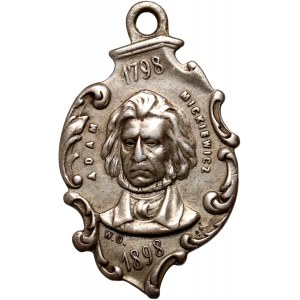 Polska, XIX wiek, medalik pamiątkowy z uszkiem z 1898 roku, Adam Mickiewicz, srebro