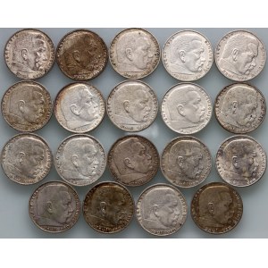 Germany, Third Reich, set of 2 Mark coins, Paul von Hindenburg, (19 pieces)