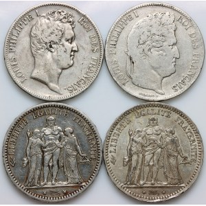 France, 19th century, 5 Francs coins set (4 pieces)