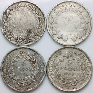 France, 19th century, 5 Francs coins set (4 pieces)