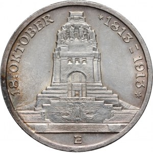 Germany, Saxony, Friedrich August III, 3 Mark 1913 E, Muldenhütten, Battle of Leipzig