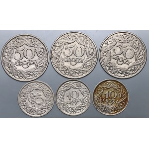 II RP, zestaw monet 10 i 50 groszy z 1923, (6 sztuk)