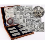 Third Republic, set of silver medal and 5 silver bars, Polish Kings on banknotes of the National Bank of Poland