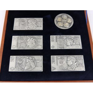 III RP, zestaw srebrny medal i 5 srebrnych sztabek, Królowie Polscy na banknotach Narodowego Banku Polskiego