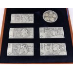 Third Republic, set of silver medal and 5 silver bars, Polish Kings on banknotes of the National Bank of Poland