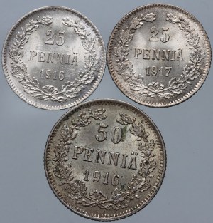 Finsko, Mikuláš II., 1916-1917 S sada mincí, Helsinky, (3 ks)