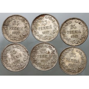 Finland, Nicholas II, set of coins 25 Pennia from 1916-1917 S, Helsinki, (6 pieces)