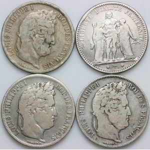 France, set of 5 Francs coins from 1831-1874, (4 pieces)