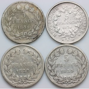 France, set of 5 Francs coins from 1831-1874, (4 pieces)