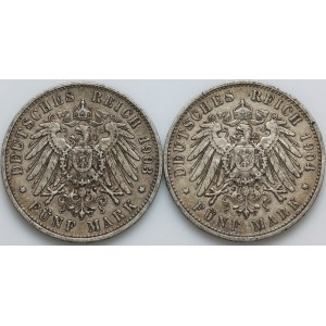 Germany, Württemberg, Wilhelm II, set of 5 Mark coins from 1903-1904, Stuttgart, (2 pieces)