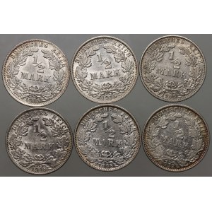 Germany, set of coins 1/2 Mark 1908-1916 E, D, G (6 pieces)
