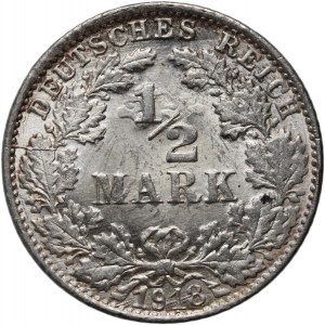 Německo, 1/2 marky 1918 F, Stuttgart, mincovna zničena