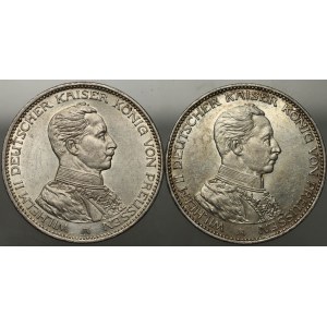 Germany, Prussia, Wilhelm II, set of 3 Mark coins from 1914, (2 pieces), Uniform