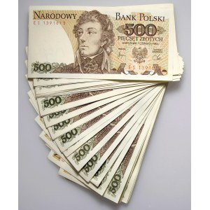 PRL, 500 złotych 1.6.1982, seria ES, fragment paczki banowej (34 sztuki)