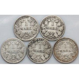 Germany, set of coins 1 Mark from 1875-1905, (5 pieces)