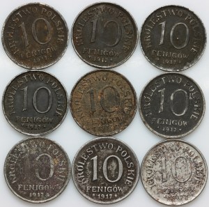 Polské království, sada mincí 10 fenigů 1917, (9 kusů)