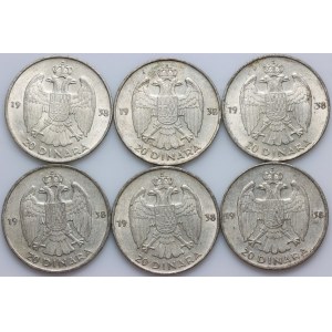 Yugoslavia, Peter II, set of 20 Dinara coins from 1938, (6 pieces)