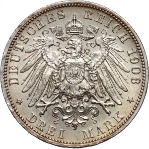 Germany, Prussia, Wilhelm II, 3 Mark 1908 A