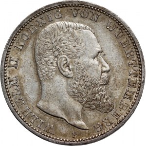 Germany, Wurttemberg, Wilhelm II, 5 Mark 1913 F, Stuttgart