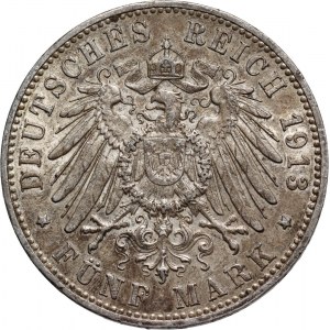 Germany, Wurttemberg, Wilhelm II, 5 Mark 1913 F, Stuttgart