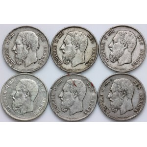 Belgium, Leopold II, set of 5 Francs coins from 1870-1873, (6 pieces)