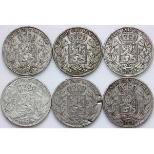 Belgium, Leopold II, set of 5 Francs coins from 1870-1873, (6 pieces)