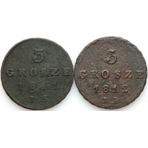 Księstwo Warszawskie, Fryderyk August I, zestaw monet 3 grosze z lat 1811-1812, (2 sztuki)