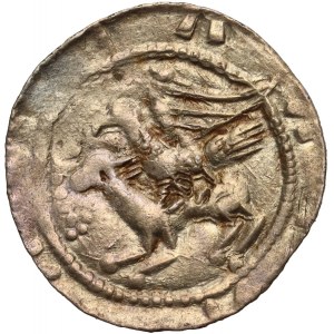 Władysław II Wygnaniec 1138-1146, denar, orzeł i zając, kreski zamiast perełek, kropki przy rycerzu, zającu