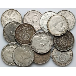 Germany, Third Reich, set of 2 Mark coins from 1936-1939, Paul von Hindenburg, (14 pieces)