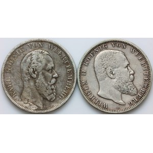 Germany, Württemberg, set of 5 Mark coins from 1875-1898, (2 pieces)