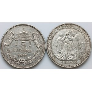 Hungary, Franz Joseph I, 5 Korona coin set from 1907, (2 pieces)