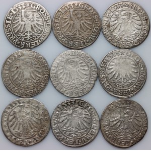 Zygmunt I Stary, zestaw groszy z lat 1532-1533, Toruń, (9 sztuk)