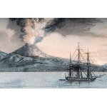 View of Vesuvius erupting with boats