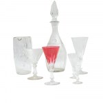 Set of white and red crystal glasses in six different sizes