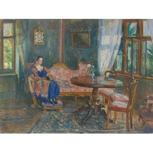 Artur MARKOWICZ (1872-1934), Rekonwalescentka. W salonie - Portret żony czytającej książkę, 1924