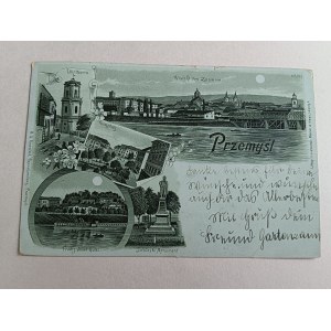 POCZTÓWKA PRZEMYŚL, DŁUGI ADRES, LITOGRAFIA, ZNACZEK, STEMPEL, 1900 R