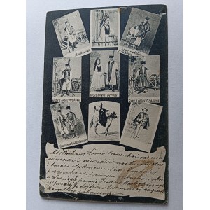 POSTCARD FOLK COSTUMES, KRAKOWIAK, FOLK TYPES, KRAKOWIAK AND NOBLEMAN, HIGHLANDER, ZAKOPANE, LONG ADDRESS, STAMP, BROKEN LOWER LEFT CORNER